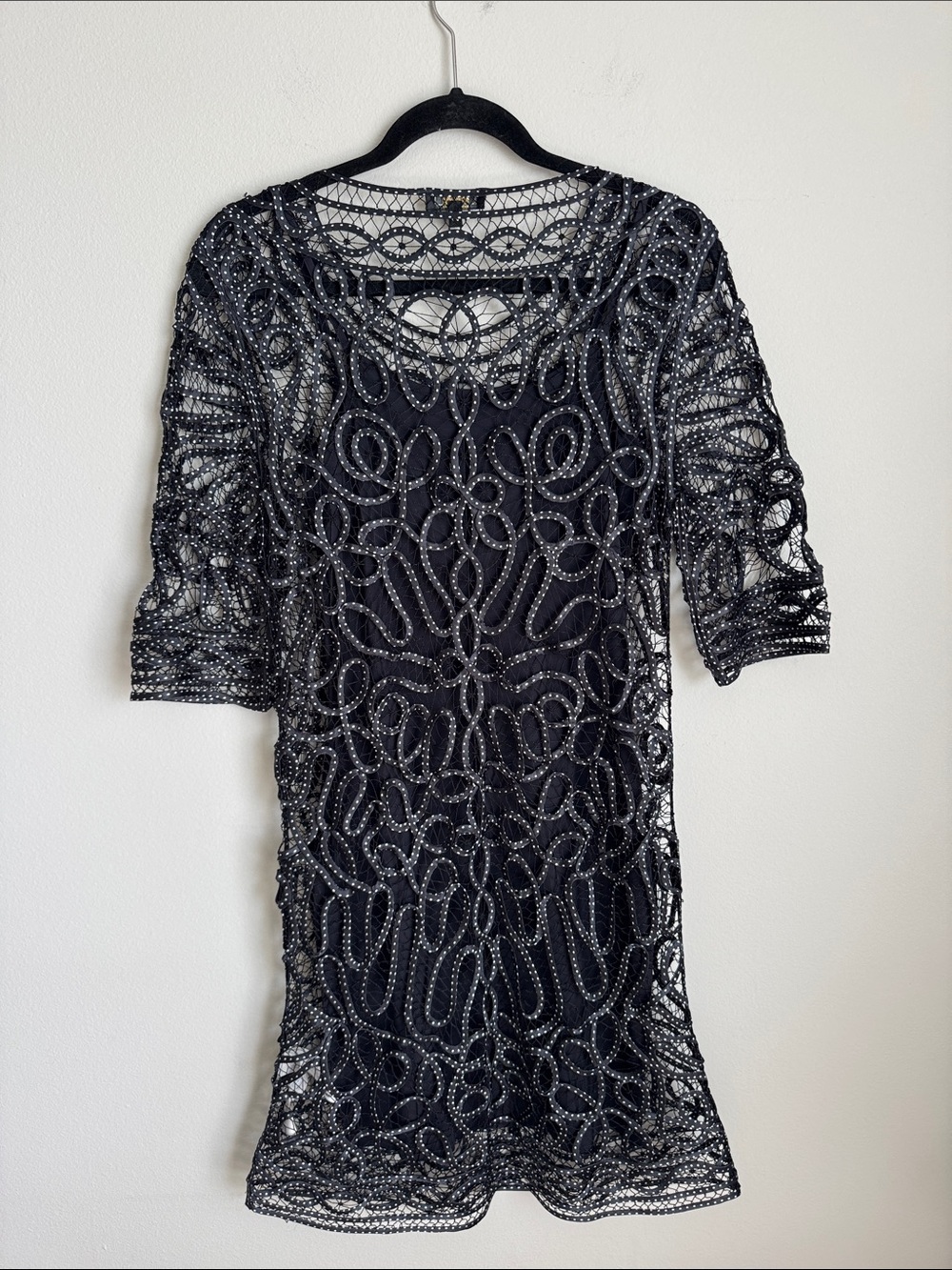 Adolfo Dominguez Costura Black Mesh Ribbon Cocktail Dress Size US 4 EU 38 Sheer - Picture 11 of 12